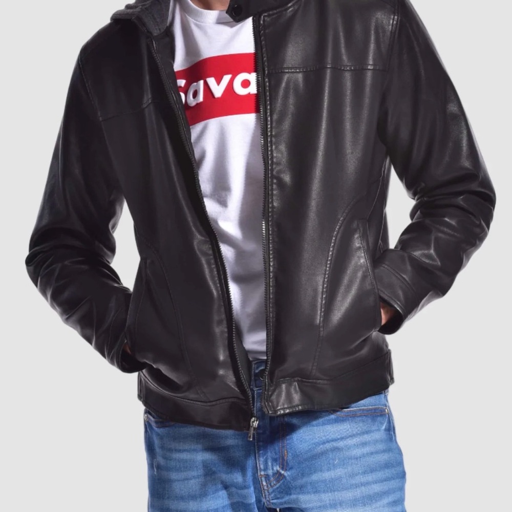 Ring of Fire Black Faux Leather Hooded Jacket with Fabric Hood